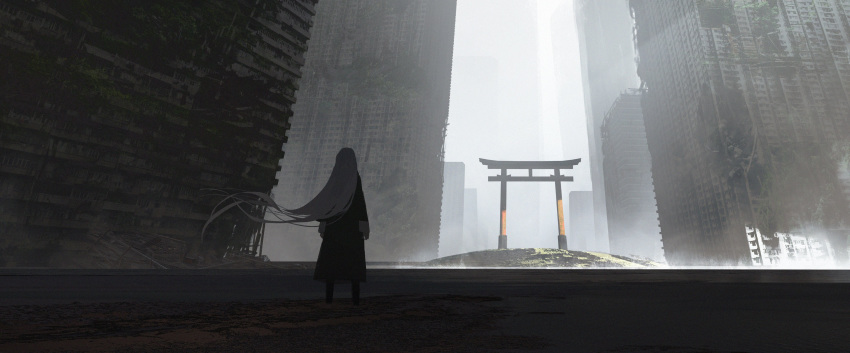 1girl absurdres asteroid_ill building building_block from_behind highres iz_(asteroid_ill) long_hair original outdoors ruins scenery solo standing torii very_long_hair white_hair wide_shot