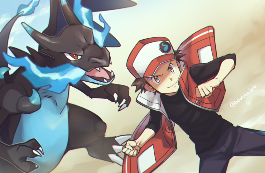 1boy artist_name badge baseball_cap black_pants black_shirt brown_hair charizard clenched_hands closed_mouth coat commentary_request fangs fire flame gen_1_pokemon hands_up hat legs_apart lobolobo2010 mega_charizard_x mega_pokemon pants pokemon pokemon_(creature) pokemon_(game) pokemon_masters_ex red_(pokemon) red_coat shirt sleeves_past_elbows smile