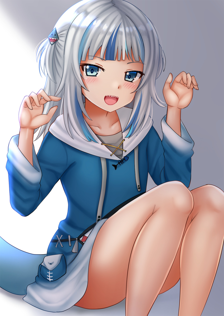 1girl bare_legs blue_eyes blue_hair blush commentary english_commentary fish_bone gawr_gura hair_ornament hands_up highres hololive hololive_english hood hood_down hoodie kazenokaze looking_at_viewer multicolored_hair open_mouth shark shark_girl shark_tail sharp_teeth silver_hair sitting straight_hair streaked_hair tail teeth two_side_up virtual_youtuber