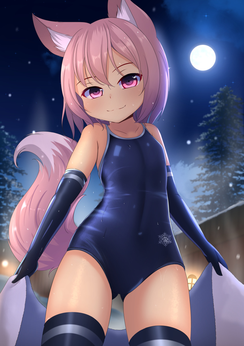 1girl absurdres animal_ear_fluff animal_ears black_gloves black_legwear blue_swimsuit blurry blurry_background elbow_gloves fox_ears fox_tail full_moon gloves highres hotel01 looking_at_viewer moon night one-piece_swimsuit onsen original pink_eyes pink_hair school_swimsuit short_hair smile solo sorbet_(hotel01) standing swimsuit tail thigh-highs towel tree wet