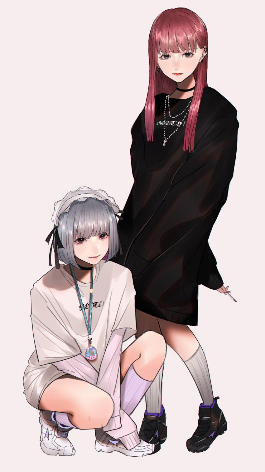 2girls absurdres bangs black_eyes bob_cut brown_eyes choker cigarette ear_piercing grey_hair highres holding holding_cigarette jewelry lanyard long_hair looking_at_viewer mano_aaa multiple_girls necklace original piercing redhead squatting standing tamagotchi