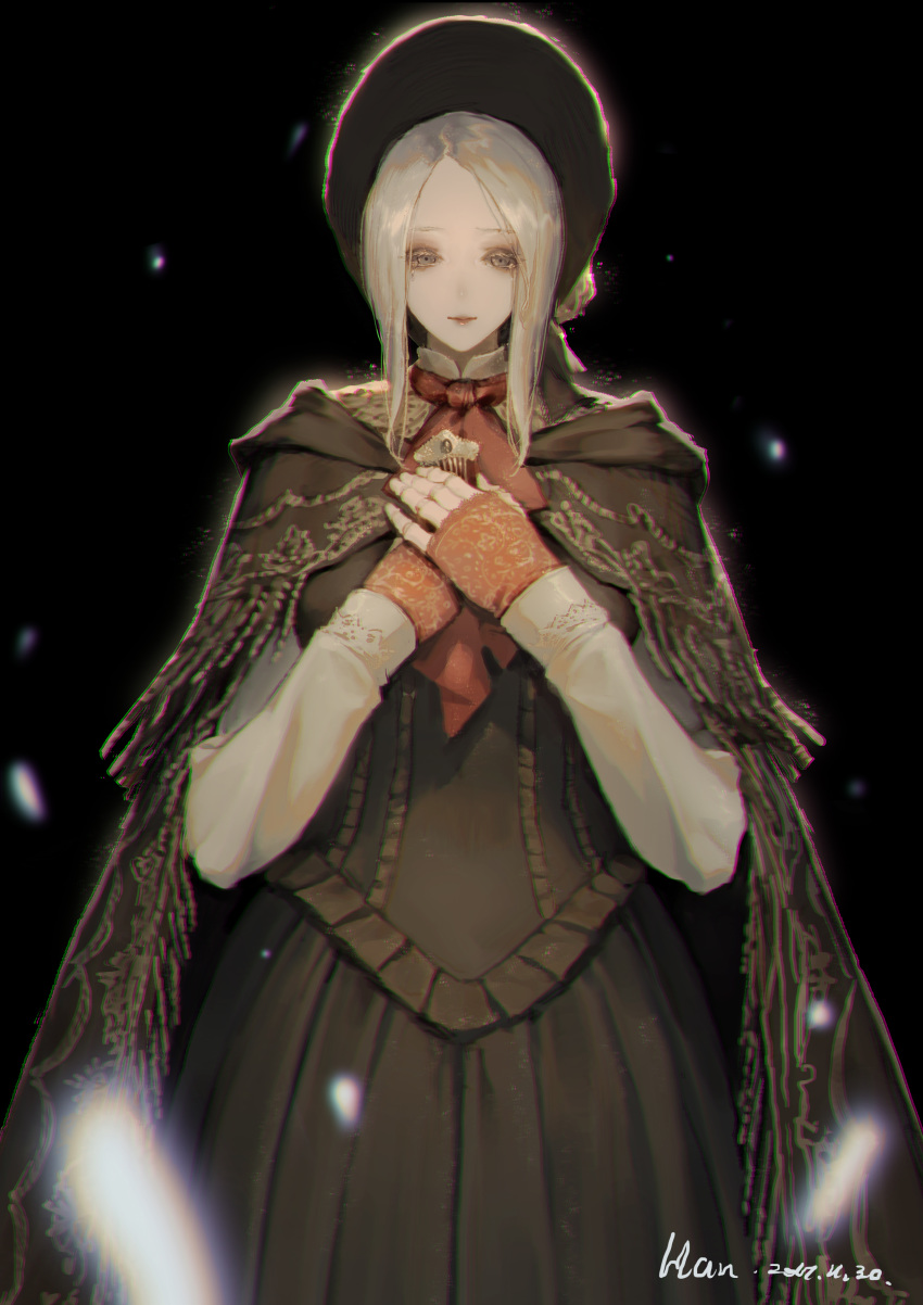 1girl absurdres black_background bloodborne breasts cape cloak comb crying crying_with_eyes_open doll doll_joints grey_eyes han-0v0 headdress highres holding joints maid_dress plain_doll silver_hair skirt smile tears