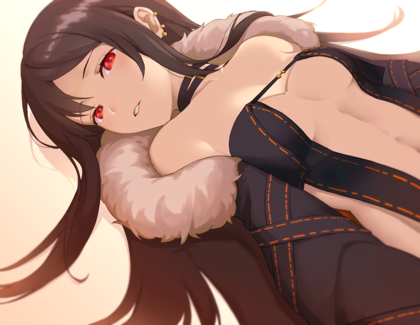 1girl absurdres bangs bare_shoulders black_dress black_jacket blush breasts brown_hair center_opening choker collarbone consort_yu_(fate) dress earrings fate/grand_order fate_(series) fur-trimmed_jacket fur_trim highres jacket jewelry large_breasts long_hair long_sleeves looking_at_viewer multiple_earrings multiple_piercings navel open_clothes open_jacket parted_lips red_eyes revealing_clothes strapless strapless_dress uranoma very_long_hair