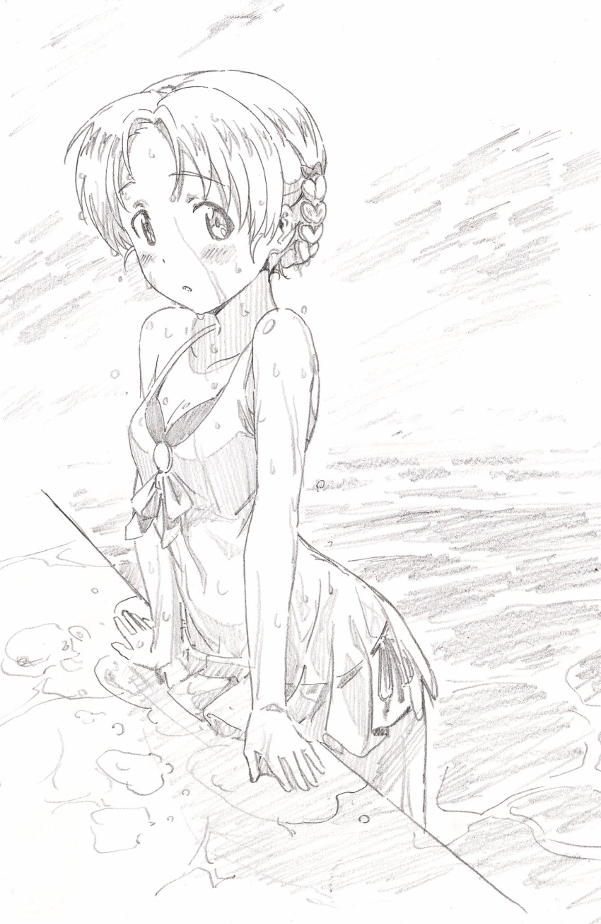 1girl bangs bikini bikini_under_clothes blush bow braid breasts commentary dress eyebrows_visible_through_hair girls_und_panzer graphite_(medium) greyscale hair_bow highres looking_at_viewer monochrome navel orange_pekoe_(girls_und_panzer) parted_bangs parted_lips pink_x see-through short_dress short_hair side-tie_bikini sleeveless sleeveless_dress small_breasts solo sundress swimsuit tied_hair traditional_media twin_braids water