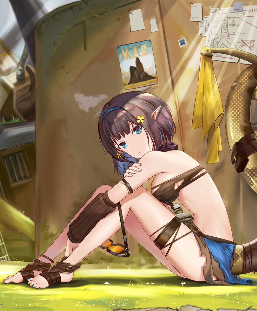 1girl absurdres arknights bandeau bare_shoulders black_hair blue_eyes breasts colored_inner_hair eunectes_(arknights) feet from_side goggles goggles_removed hairband head_tilt highres knees_up looking_at_viewer looking_to_the_side medium_breasts midriff momosawa_nao multicolored_hair pointy_ears prehensile_tail short_hair sidelocks sitting snake_tail solo tail tail_raised thigh_strap thighs toenail_polish torn_clothes