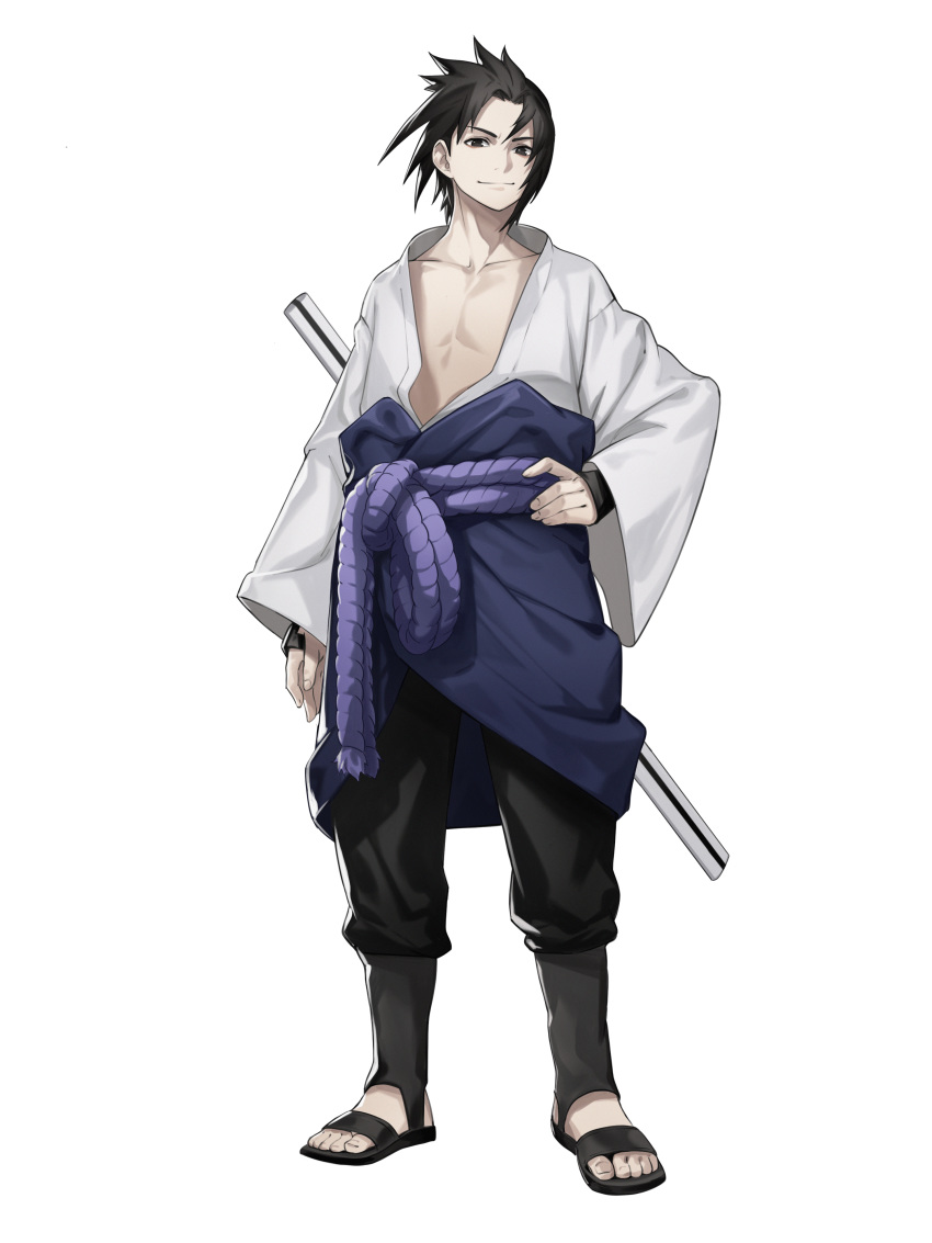 1boy absurdres arm_at_side bangs black_eyes black_footwear black_hair black_pants chest closed_mouth collarbone full_body hand_on_hip highres himmel_(allsky83) japanese_clothes long_sleeves looking_at_viewer male_focus naruto_(series) naruto_shippuuden open_clothes pants sandals sheath simple_background smile solo spiky_hair standing uchiha_sasuke weapon weapon_on_back white_background