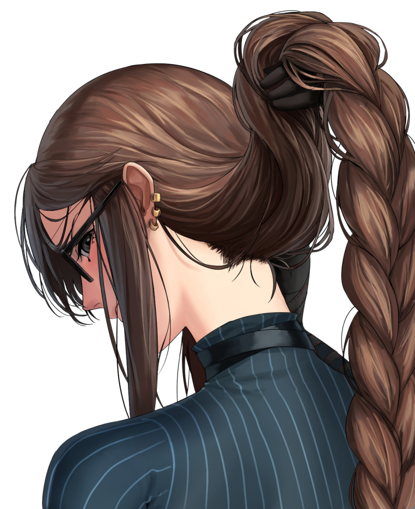 1girl bangs blue_sweater braid brown_hair choker commentary_request consort_yu_(fate) ear_piercing earrings fate/grand_order fate_(series) from_behind glasses hair_lift highres jewelry long_braid long_hair looking_at_viewer looking_back nape neck piercing pinstripe_pattern sidelocks single_braid solo striped striped_sweater sweater very_long_hair zonotaida