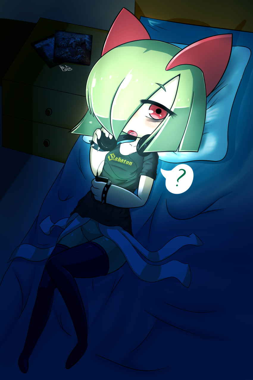 1girl ? absurdres artist_name bangs black_legwear black_shirt bracelet breasts cellphone collarbone dutch_angle eyebrows_visible_through_hair fir3born full_body gen_3_pokemon gothic green_hair green_skin hair_over_one_eye hand_up headphones highres holding holding_phone indoors jewelry kirlia knee_up light looking_at_viewer lying night no_humans no_panties no_pussy on_back on_bed open_mouth phone piercing pillow pokemon pokemon_(creature) powerwolf record_jacket red_eyes sabaton_(band) shiny shiny_hair shiny_skin shirt short_hair short_sleeves signature small_breasts solo speech_bubble spiked_bracelet spikes spoken_question_mark stratovarius table thigh-highs tongue tongue_piercing two-tone_skin white_skin