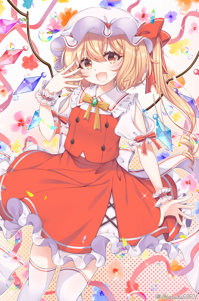 1girl blonde_hair bow brooch bubble cowboy_shot crystal eyelashes fang fingernails flandre_scarlet floral_background frilled_shirt frilled_shirt_collar frilled_skirt frills hand_to_own_mouth haruki_(colorful_macaron) hat hat_ribbon highres jewelry mob_cap neck_ribbon red_bow red_eyes red_ribbon red_skirt red_vest ribbon scrunchie shirt short_hair short_sleeves side_ponytail skirt sleeve_ribbon solo thigh-highs touhou vest wings wrist_scrunchie yellow_neckwear