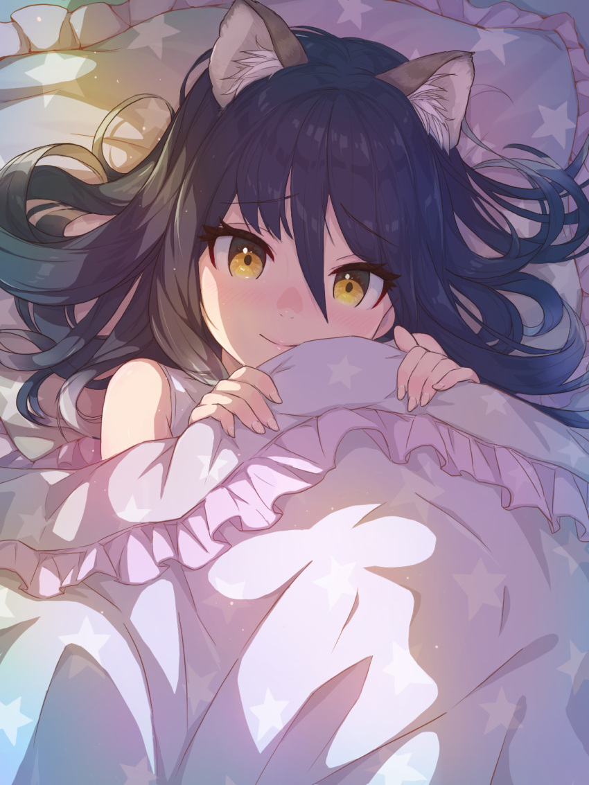 1girl animal_ear_fluff animal_ears bed_sheet closed_mouth frilled_pillow frills from_above hair_between_eyes highres light_blush long_hair looking_at_viewer lying on_back pillow princess_connect! purple_hair revision shade shiori_(princess_connect!) smile solo star_(symbol) star_print tsurime under_covers upper_body yako_noir_(kei-ne) yellow_eyes