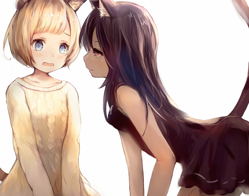 2girls :o all_fours animal_ear_fluff animal_ears black_dress black_hair blonde_hair blue_eyes blush breasts cat_ears cat_tail dark_skin dress error eye_contact kaede_do looking_at_another multiple_girls original short_hair simple_background small_breasts sweater tail tan violet_eyes white_background white_sweater
