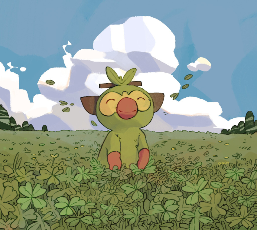cindy_(pigeoncindy_) closed_eyes closed_mouth clouds clover clover_(flower) commentary day english_commentary flower four-leaf_clover gen_8_pokemon grookey highres leaf leaves_in_wind no_humans outdoors pokemon pokemon_(creature) sky smile standing starter_pokemon