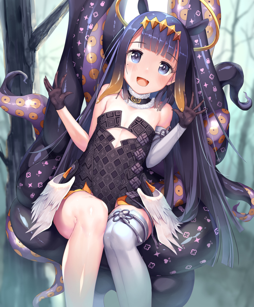 1girl bangs black_dress blue_eyes blunt_bangs dress fang flat_chest gloves halo highres hololive hololive_english holomyth looking_at_viewer mogmog mole ninomae_ina'nis outdoors pointy_ears purple_hair smile solo tentacle_hair tentacles thigh-highs tree virtual_youtuber wings