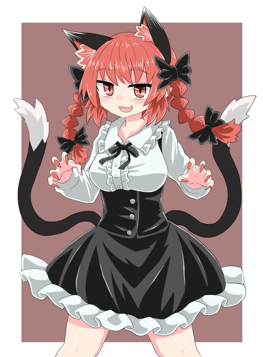 1girl alternate_costume animal_ears bangs black_bow black_dress black_neckwear black_tail bow braid breasts brown_background buttons cat_ears cat_tail chups collared_shirt dress extra_ears eyebrows_visible_through_hair fang fingernails frilled_dress frilled_shirt_collar frills hair_bow highres kaenbyou_rin long_fingernails long_sleeves looking_at_viewer medium_hair multiple_tails open_mouth red_eyes red_nails redhead shirt simple_background solo tail touhou two_tails white_shirt white_sleeves
