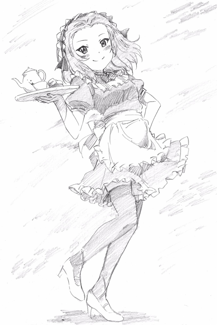 1girl alternate_costume apron boots closed_mouth commentary cup dress enmaided frilled_apron frilled_dress frilled_hairband frills full_body girls_und_panzer graphite_(medium) greyscale hairband hand_on_hip high_heel_boots high_heels highres holding holding_tray looking_at_viewer maid medium_hair monochrome pink_x puffy_short_sleeves puffy_sleeves rosehip_(girls_und_panzer) short_dress short_sleeves smile solo spilling standing standing_on_one_leg teacup teapot thigh-highs traditional_media tray waist_apron