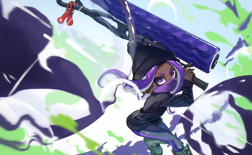 1girl action beanie black_headwear black_legwear black_sweater blurry boots commentary dark_skin droplet grey_footwear hat highres holding holding_weapon ink_1001 leaning_forward leggings long_hair long_sleeves looking_at_viewer makeup mascara octoling purple_hair single_vertical_stripe solo splat_roller_(splatoon) splatoon_(series) splatoon_2 standing suction_cups sweater tentacle_hair violet_eyes weapon