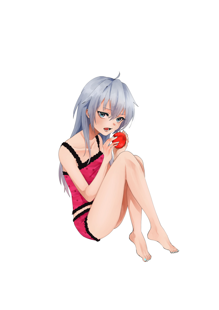 1girl absurdres ahoge barefoot blue_eyes blue_hair blue_nails bossan_3310 collarbone food fruit full_body hatsune_miku highres holding holding_food holding_fruit long_hair looking_at_viewer nail_polish open_mouth print_shorts print_tank_top red_apple red_shorts red_tank_top shiny shiny_hair short_shorts shorts sitting sleeveless solo straight_hair tank_top transparent_background underwear underwear_only vocaloid
