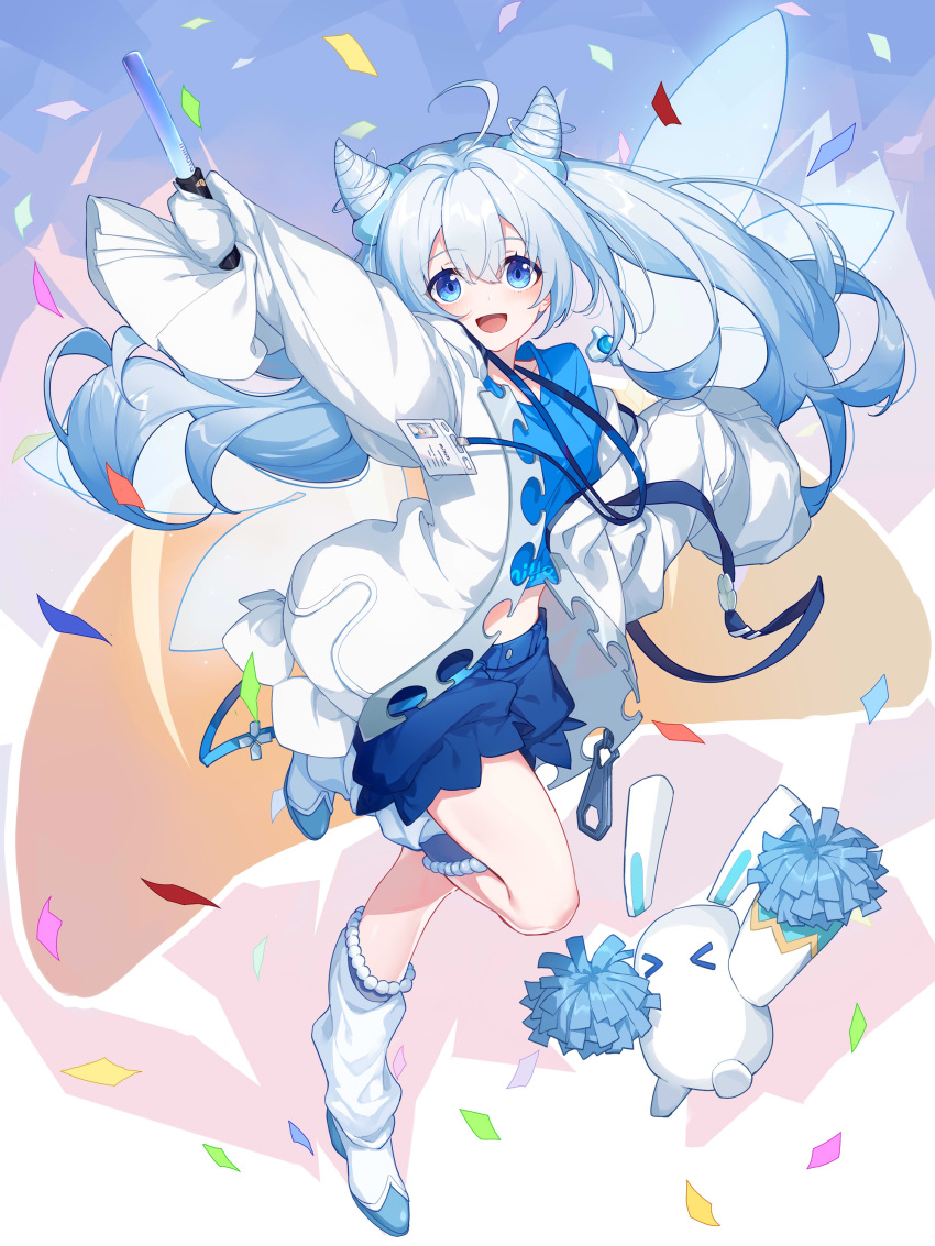 1girl absurdres ahoge blue_eyes blue_hair blue_shirt blue_shorts boots character_request confetti fairy_wings glowstick gradient_hair hair_between_eyes highres honkai_(series) honkai_impact_3rd horns id_card jacket lanyard long_hair midriff mihoyo_technology_(shanghai)_co._ltd. multicolored_hair open_clothes open_jacket personification pom_poms shirt shorts sleeves_past_fingers sleeves_past_wrists slyvia standing standing_on_one_leg two-tone_hair very_long_sleeves white_hair white_jacket white_legwear wings zipper_pull_tab