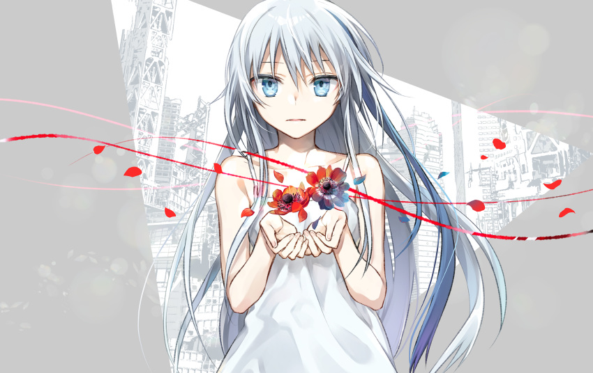 1other androgynous bare_shoulders blue_eyes blue_hair building collarbone cupping_hand dress flower hair_between_eyes hands hands_together highres long_hair looking_at_viewer mikoto_kei open_mouth original petals solo white_dress white_hair