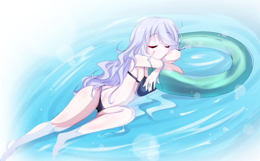 1girl artist_name ass beyblade beyblade:_burst blue_hair blush breasts chankyone character_name closed_eyes closed_mouth floating full_body hair_over_shoulder legs lying nishiro_nya sideways sleeping solo underwear water wavy_hair