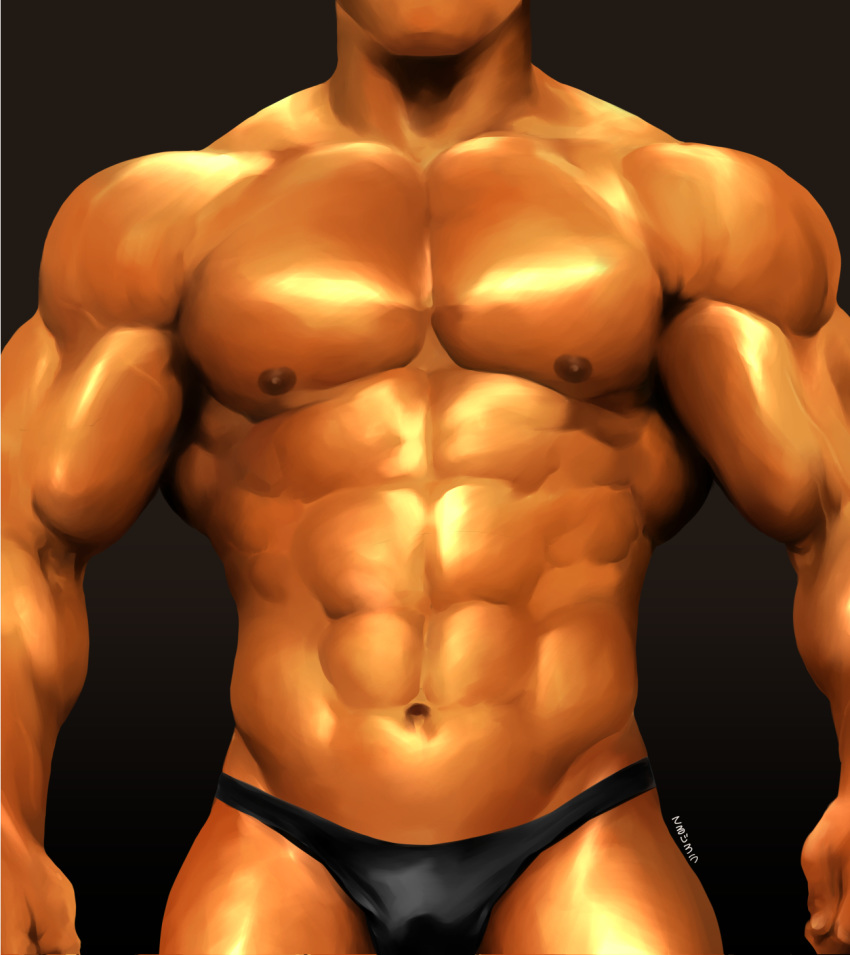 1boy abs bara black_briefs briefs bulge chest cowboy_shot head_out_of_frame highres male_focus male_underwear manly masateruteru muscle navel nipples oiled original pectorals photo-referenced thighs underwear underwear_only veins