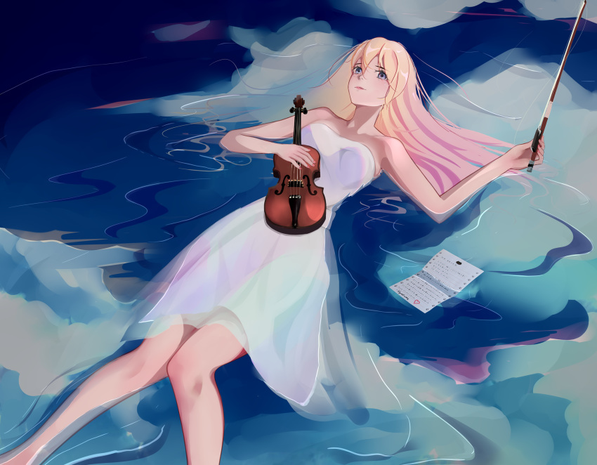 1girl artist_name bare_shoulders blonde_hair crying dress floating grey_eyes highres holding holding_instrument hyafumi instrument light_smile looking_up miyazono_kawori note shigatsu_wa_kimi_no_uso solo violin water white_dress