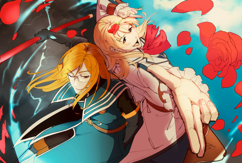 2boys :d black_gloves blonde_hair commentary_request crossover eiyuu_densetsu elbow_gloves flower glasses gloves highres holding holding_flower jade_curtiss long_hair looking_to_the_side male_focus multiple_boys olivert_reise_arnor one_eye_closed open_mouth red_eyes rose seiyuu_connection smile sora_no_kiseki takagi_rakuji tales_of_(series) tales_of_the_abyss