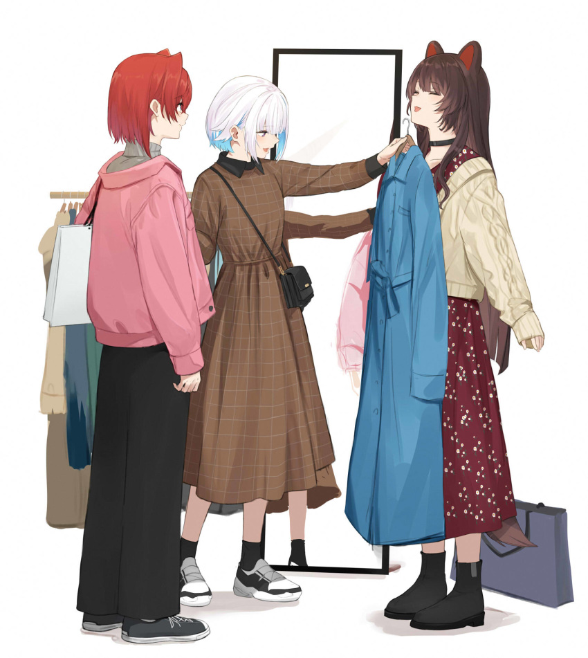 3girls alternate_costume ange_katrina animal_ears aqua_hair aran_sweater bag black_choker black_footwear black_pants blue_eyes boots breasts brown_dress brown_hair choker closed_eyes clothes_hanger colored_inner_hair commentary cross-laced_footwear dog_ears dog_tail dress eyebrows_visible_through_hair floral_print from_side full_body handbag highres inui_toko isshiki_(ffmania7) jacket lize_helesta long_hair long_sleeves looking_at_another mirror multicolored_hair multiple_girls nijisanji open_mouth pants pink_jacket plaid plaid_dress profile red_skirt redhead shoes shopping short_hair silver_hair simple_background skirt sleeves_past_wrists small_breasts smile sneakers standing straight_hair streaked_hair sweater symbol_commentary tail turtleneck two-tone_hair violet_eyes virtual_youtuber white_background yellow_sweater