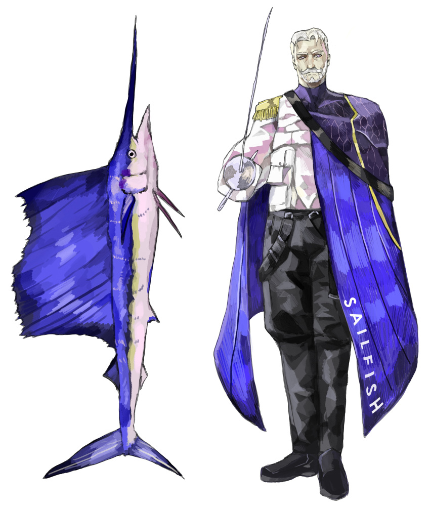 1boy absurdres animal blue_cape cape facial_hair fish grey_background highres holding holding_sword holding_weapon male_focus mustache old_man original personification rapier simple_background solo standing subakeye sword swordfish turtleneck weapon white_hair