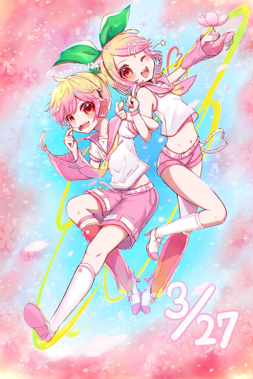1girl absurdres arm_warmers asymmetrical_sleeves bangs belt blonde_hair bow cherry cherry_blossoms collar commentary crop_top dated flower food fruit gradient_hair green_bow hair_bow hair_ornament hairclip headphones heart heart-shaped_pupils high_heels highres holding holding_food holding_fruit index_finger_raised kagamine_len kagamine_rin kanato_1227 kneehighs looking_at_viewer mismatched_footwear multicolored_hair one_eye_closed open_mouth petals pink_background pink_collar pink_eyes pink_flower pink_hair pink_legwear pink_shorts pink_sleeves sailor_collar school_uniform shirt short_hair short_ponytail short_shorts short_sleeves shorts single_arm_warmer single_leg_warmer single_sleeve smile solo spiky_hair star_(symbol) swept_bangs symbol-shaped_pupils vocaloid white_shirt wristband
