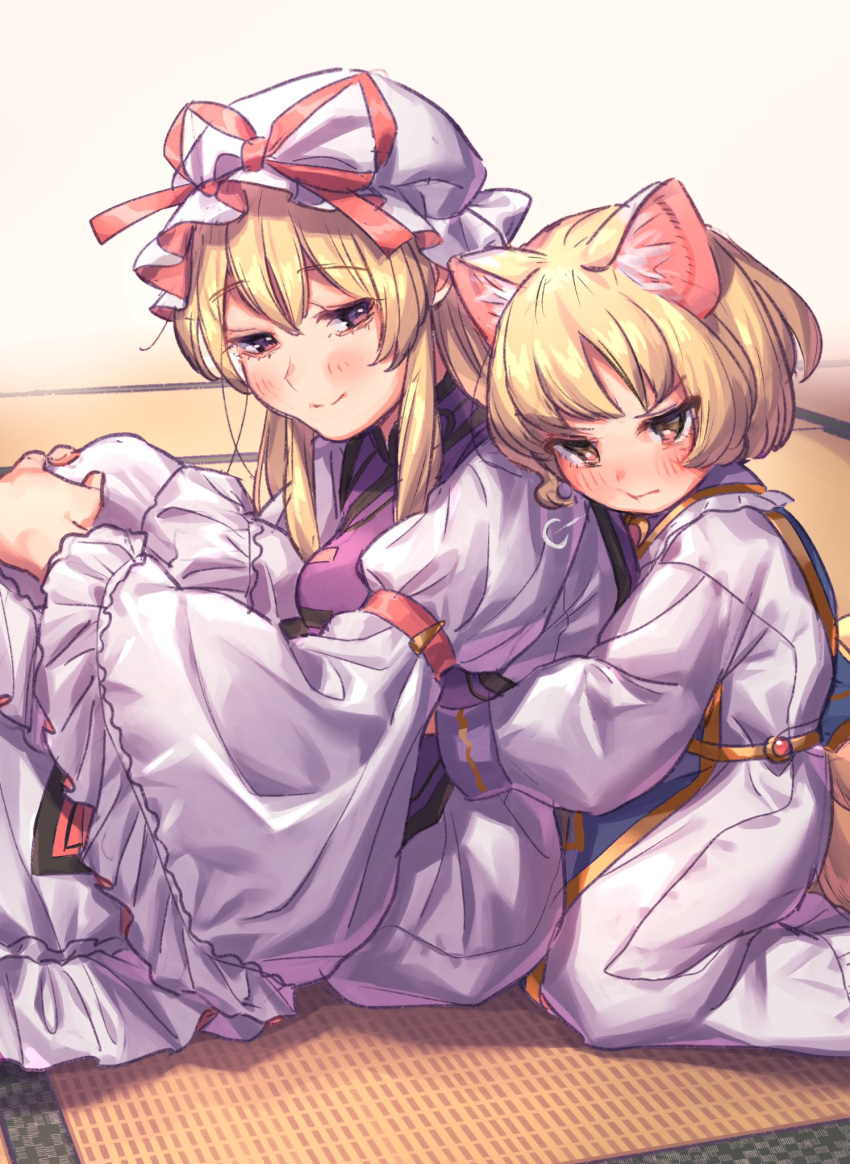 2girls :t =3 animal_ears arm_garter arm_strap bangs blonde_hair blush breasts closed_mouth collar commentary_request dress eyebrows_visible_through_hair fox_ears fox_tail frilled_collar frilled_sleeves frills frown hands_on_own_knees hat hat_ribbon head_on_another's_shoulder highres hug hug_from_behind indoors juliet_sleeves kneeling knees_up large_breasts long_hair long_sleeves looking_at_another looking_back mandarin_collar masanaga_(tsukasa) mob_cap multiple_girls no_headwear puffy_sleeves red_ribbon ribbon short_hair sidelocks sitting sitting_on_floor size_difference smile tabard tail tatami touhou v-shaped_eyebrows white_dress white_robe wide_sleeves yakumo_ran yakumo_yukari yellow_eyes younger