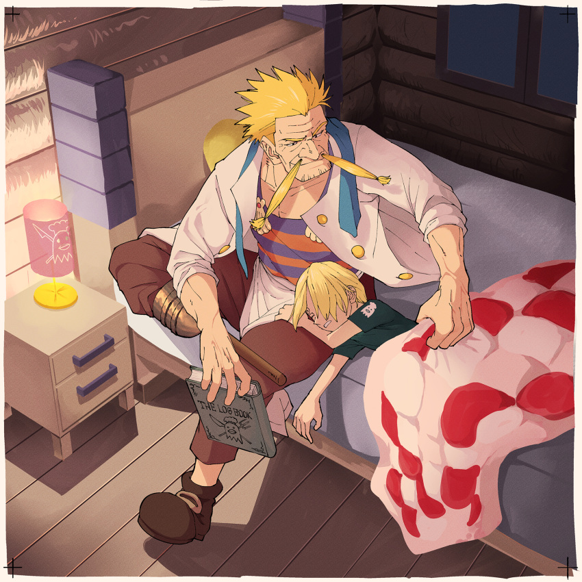 2boys beard_stubble bed blonde_hair chef cookbook covering_with_blanket drawer facial_hair green_shirt highres how_long lamp male_focus missing_limb multiple_boys mustache nightstand one_piece peg_leg red-leg_zeff sanji_(one_piece) shirt short_hair sleeping smile stubble