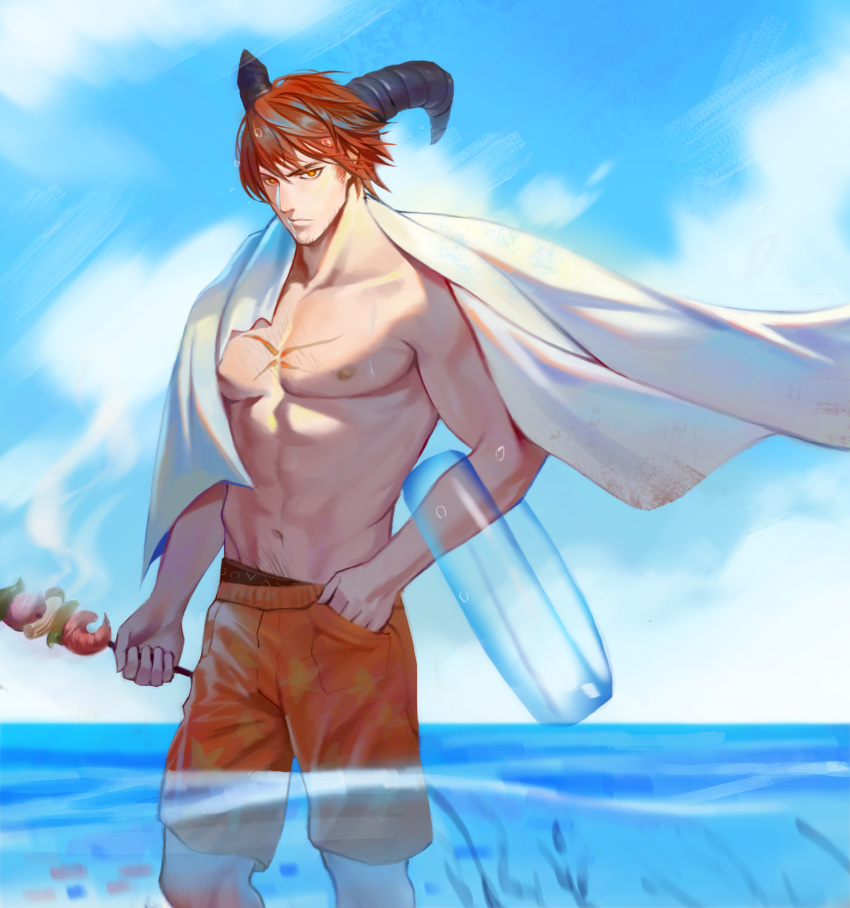 1boy absurdres black_horns chest_scar day food hand_in_pocket highres holding holding_food horns innertube kebab looking_at_viewer male_focus muscle navel nigel_(sdorica) orange_eyes outdoors pectorals r_suka redhead scar sdorica solo summer towel transparent wading water white_towel