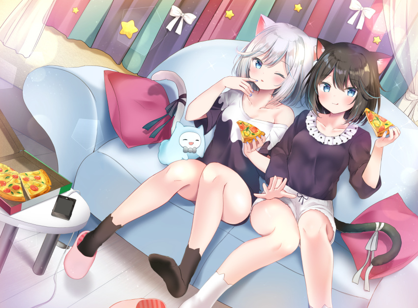 2girls :3 :q animal_band_legwear animal_ear_fluff animal_ears bangs black_hair black_legwear black_shirt blue_eyes blue_hair blue_nails breasts cat_band_legwear cat_ears cat_girl cat_tail cellphone closed_mouth collarbone commentary_request couch curtains eyebrows_visible_through_hair food hair_between_eyes highres holding holding_food indoors long_sleeves looking_at_viewer masayo_(gin_no_ame) multicolored_hair multiple_girls nail_polish off_shoulder on_couch one_eye_closed original parted_lips phone pillow pink_footwear pizza_slice shirt short_shorts short_sleeves shorts silver_hair slippers small_breasts smile socks soles star_(symbol) streaked_hair table tail tongue tongue_out white_legwear white_shorts wooden_floor