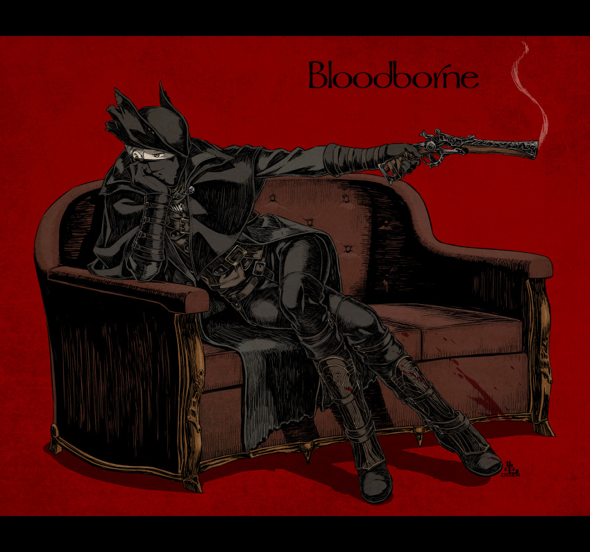 1boy absurdres artist_name belt black_cloak black_coat black_gloves black_headwear black_mask black_pants blood blood_splatter bloodborne boots brown_vest check_commentary cloak coat commentary_request copyright_name couch crossed_legs gloves grey_eyes grey_hair gun hand_on_own_cheek handgun hat highres holding holding_gun holding_weapon hunter_(bloodborne) kamezaemon leg_armor letterboxed long_coat looking_away male_focus mask mouth_mask outstretched_arm pants pistol red_background short_hair simple_background sitting smoke smoking_gun solo tricorne vambraces vest weapon