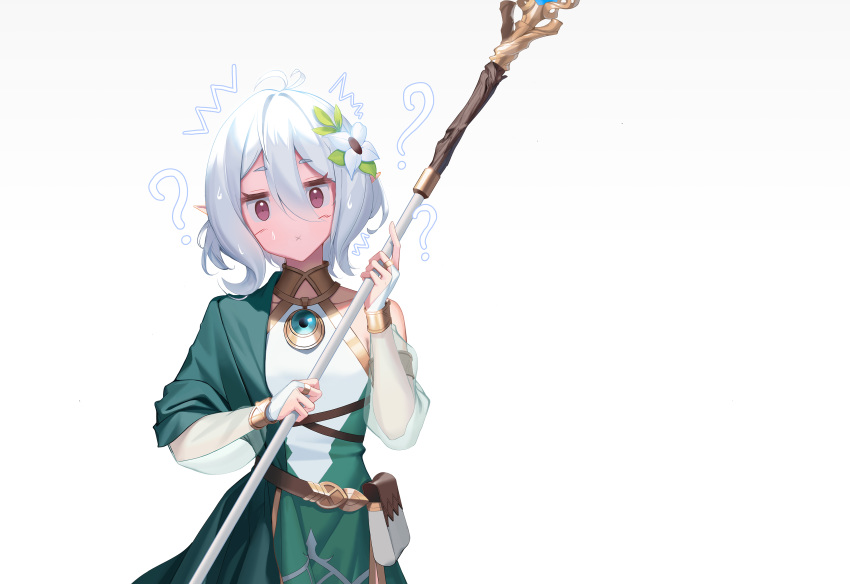/\/\/\ 1girl :x ? absurdres acid_g antenna_hair detached_sleeves flower hair_between_eyes hair_flower hair_ornament highres holding holding_staff kokkoro_(princess_connect!) looking_at_viewer pointy_ears princess_connect! princess_connect!_re:dive red_eyes see-through_sleeves short_hair simple_background solo staff white_background white_hair