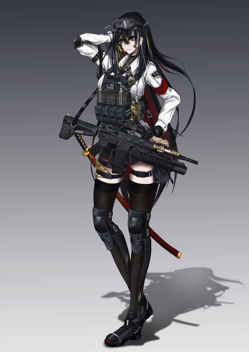 1girl absurdres assault_rifle bandaid black_gloves black_hair blonde_hair cigarette commentary_request earphones earphones earrings elbow_pads explosive full_body gloves goggles goggles_on_head gradient gradient_background grenade grey_background gun hammer_and_sickle hand_on_own_head highres jewelry katana knee_pads load_bearing_vest lutjens-chan m4_carbine multicolored_hair original red_armband red_eyes rifle school_uniform shadow shoes smoke smoking sneakers solo streaked_hair sword thigh-highs thigh_strap two-tone_hair weapon