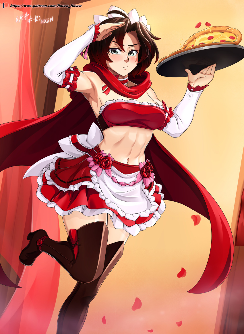 1girl absurdres armpits artist_name bare_shoulders black_hair blush boots breasts choker cloak detached_sleeves eyebrows_visible_through_hair feet_out_of_frame flower food gradient_hair hair_between_eyes high_heels highres holding holding_food holding_pizza holding_tray looking_at_viewer maid maid_headdress medium_breasts midriff multicolored_hair navel patreon_username pizza redhead rose ruby_rose rwby salute short_hair smile solo standing strapless thigh-highs thigh_boots tray tubetop two-tone_hair vilde_loh_hocen watermark web_address