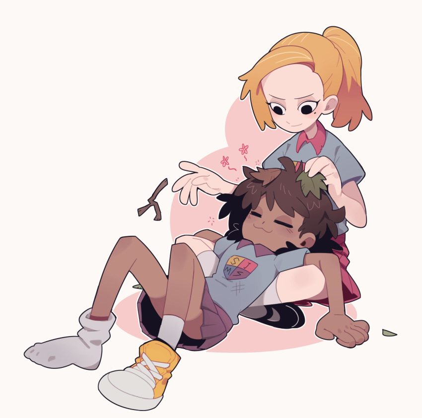 2girls absurdres amphibia anne_boonchuy asymmetrical_legwear blonde_hair brown_eyes caroro117 closed_eyes dark_skin highres lap_pillow leaf messy_hair mole mole_under_eye multiple_girls picking_up sasha_waybright shoes single_shoe skirt smile sneakers socks twig yuri