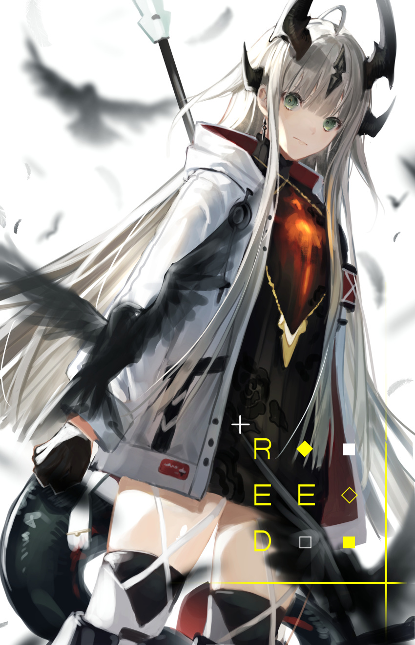 1girl absurdres arknights bird black_dress character_name commentary cowboy_shot dress green_eyes hatachi8p highres horns jacket long_hair long_sleeves open_clothes open_jacket reed_(arknights) short_dress silver_hair simple_background solo standing thigh-highs very_long_hair white_background white_jacket zettai_ryouiki