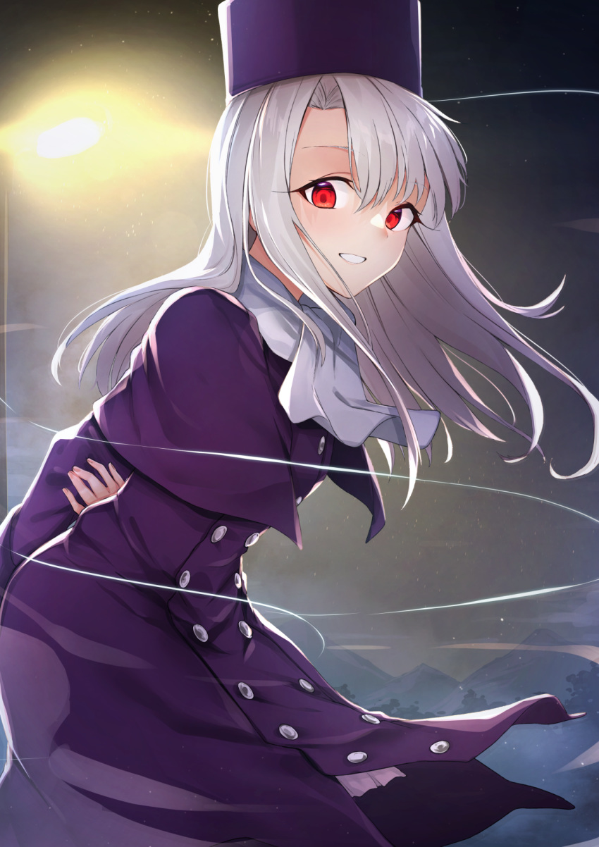 1girl bangs breasts capelet commentary_request cowboy_shot double-breasted dress fate/stay_night fate_(series) from_side grey_hair grin hat highres illyasviel_von_einzbern jacket leaning_forward long_hair long_sleeves looking_at_viewer mountainous_horizon night night_sky open_mouth outdoors purple_capelet purple_headwear purple_jacket red_eyes scarf sky smile solo standing tapioka_(oekakitapioka) white_scarf wind