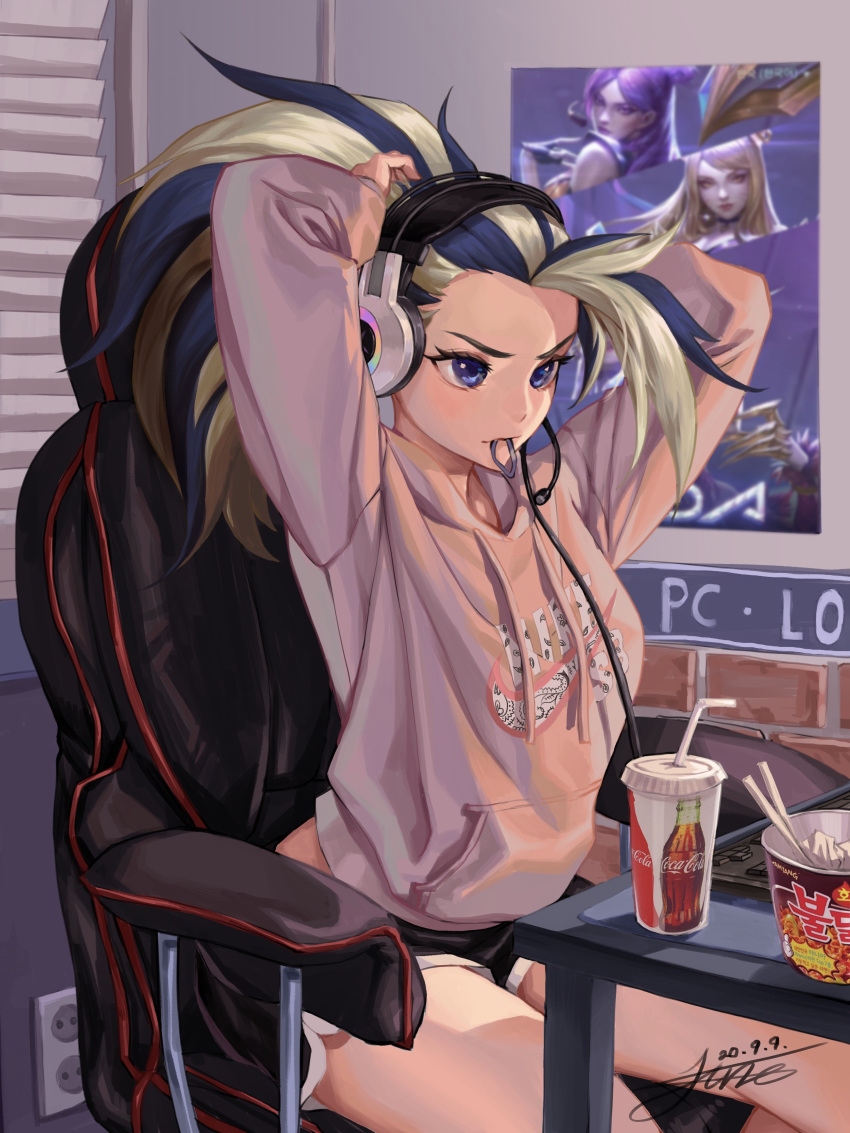 1girl absurdres akali black_eyes coca-cola commission english_commentary hair_tie_in_mouth highres k/da_(league_of_legends) league_of_legends mouth_hold nike pink_hoodie poster pout sitting solo the_baddest_akali tiger_june tying_hair