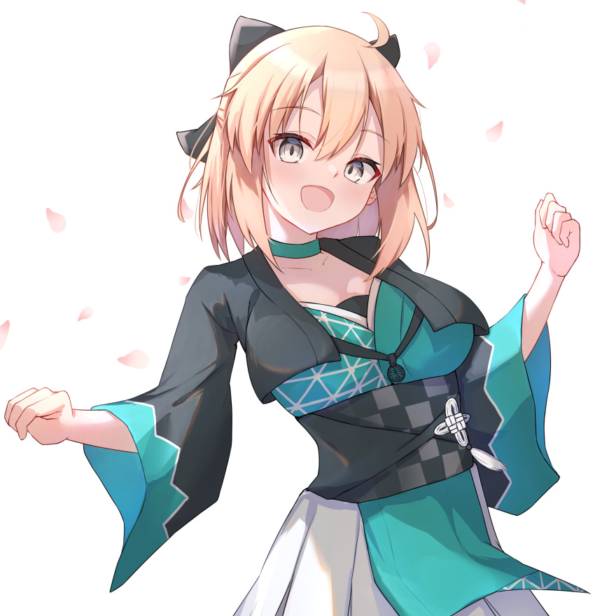 1girl :d absurdres ahoge arms_up asashin_(asn) bangs black_bow blonde_hair bow breasts collarbone eyebrows_visible_through_hair fate/grand_order fate_(series) green_kimono grey_eyes hair_between_eyes hair_bow highres japanese_clothes kimono large_breasts looking_at_viewer obi okita_souji_(fate) okita_souji_(fate)_(all) open_mouth petals sash short_hair simple_background smile solo white_background