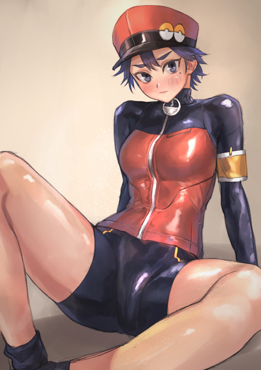 1girl arm_support armband bangs bike_shorts blush breasts closed_mouth commentary_request hat highres kilye_4421 leaning_back looking_at_viewer mole mole_under_eye pokemon pokemon_(game) pokemon_masters_ex pokemon_ranger_(pokemon) red_headwear shiny shiny_skin short_hair solo spread_legs turtleneck zipper