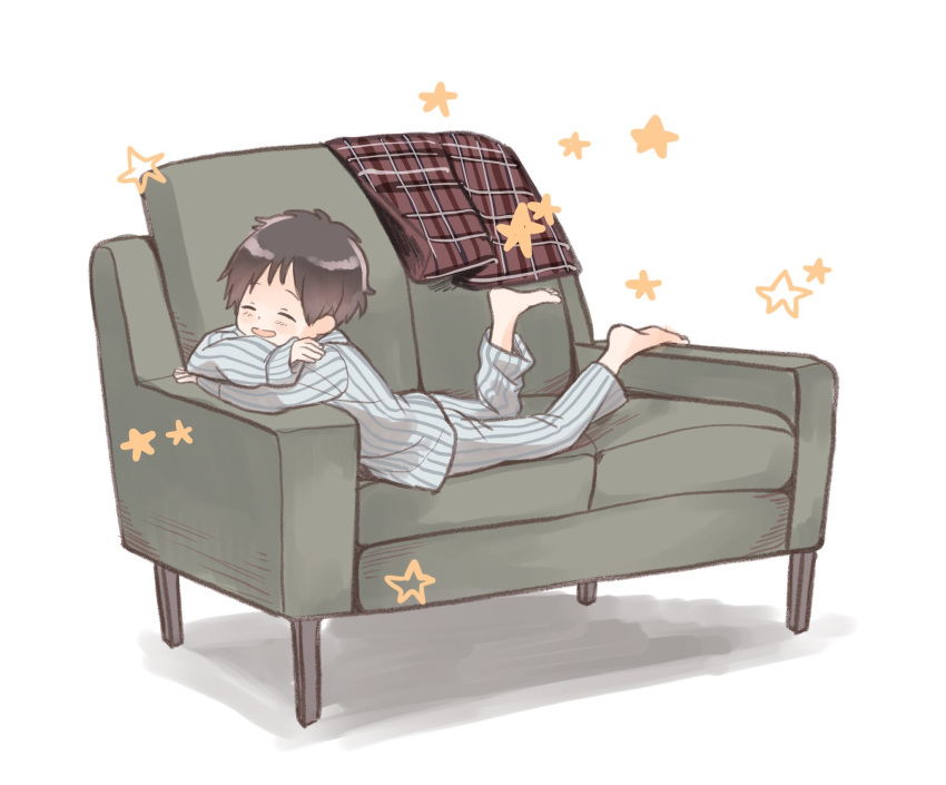 1boy :d barefoot blanket blue_pants blue_shirt brown_hair closed_eyes commentary_request couch crossed_arms disconnected_mouth feet feet_up highres long_sleeves lying male_focus on_couch on_stomach open_mouth original pajamas pants piko_(pixiv) plaid_blanket shadow shirt short_hair simple_background smile soles solo star_(symbol) striped striped_pants striped_shirt toes vertical_stripes white_background