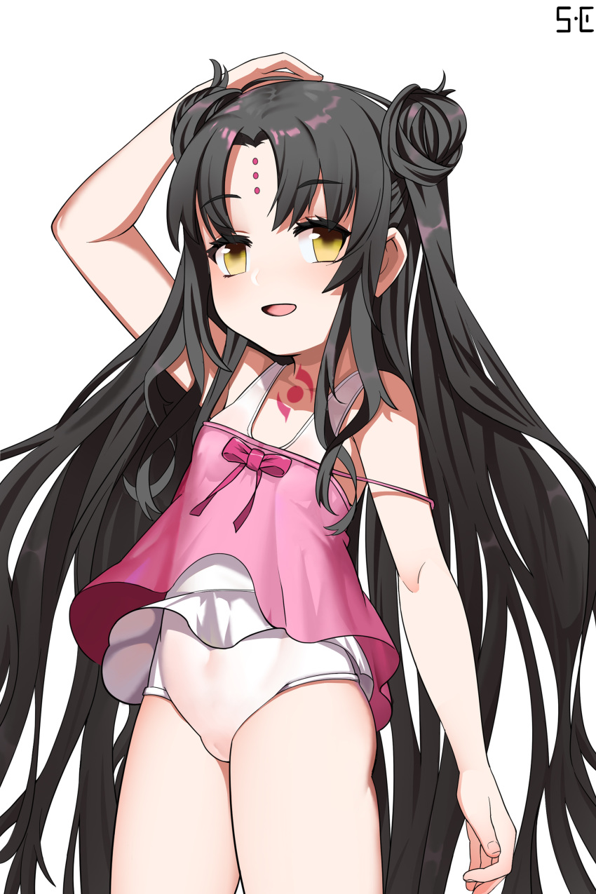 1girl absurdres arm_up black_hair brown_eyes camisole double_bun facial_mark fate/grand_order fate_(series) forehead_mark gaishi_yuu hair_bun hand_on_own_head highres long_hair one-piece_swimsuit open_mouth pink_camisole sesshouin_kiara_(lily) simple_background smile solo swimsuit thighs very_long_hair white_background white_swimsuit