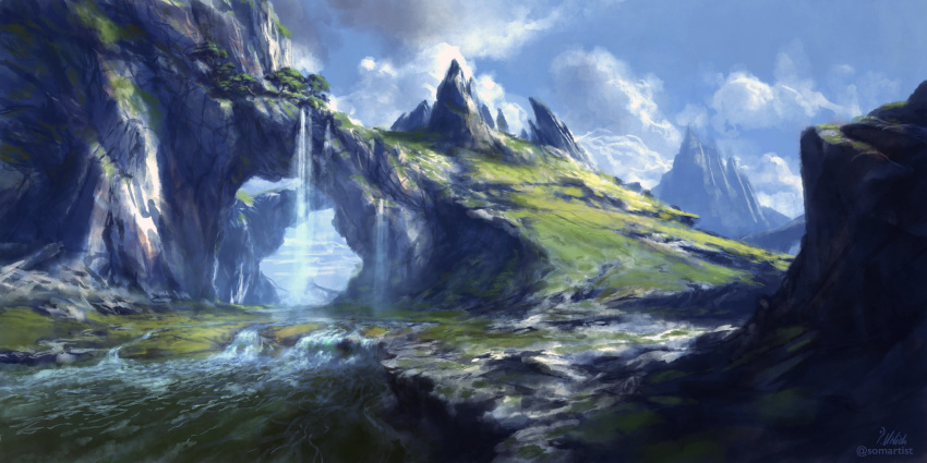 blue_sky cliff clouds cloudy_sky commentary day highres krita_(medium) landscape mountain no_humans original outdoors philipp_urlich scenery signature sky stream tree twitter_username water waterfall