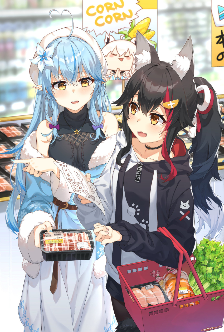 3girls absurdres ahoge animal_ear_fluff animal_ears bangs bare_shoulders basket black_hair black_shirt blue_coat blue_hair blurry blurry_background blush breasts coat commentary_request corn elf eyebrows_visible_through_hair flower food fox_ears fox_girl fur-trimmed_coat fur_trim hair_between_eyes hair_flower hair_ornament hairclip heart_ahoge highres holding holding_paper hololive hood hoodie indoors jewelry long_hair long_sleeves looking_at_viewer meat medium_breasts multicolored_hair multiple_girls necklace ookami_mio open_mouth paper pointing pointy_ears ponytail redhead shirakami_fubuki shirt sidelocks sleeveless sleeveless_shirt triangle_mouth tsukino_(nakajimaseiki) two-tone_hair virtual_youtuber white_hair wolf_ears wolf_girl yellow_eyes yukihana_lamy