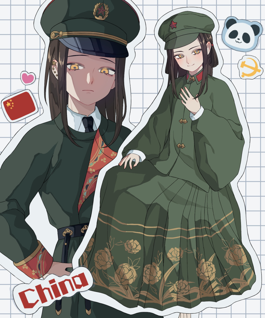 2girls black_hair brown_hair chinese_clothes crossdressing ear_piercing floral_print flower green_skirt hanfu hat heart highres jacket kuroussa long_hair long_sleeves male_focus mamianqun military military_hat military_uniform multiple_girls multiple_views newsboy_cap octagonal_cap original otoko_no_ko panda peaked_cap people's_liberation_army piercing skirt smile yellow_eyes yuanlingpao