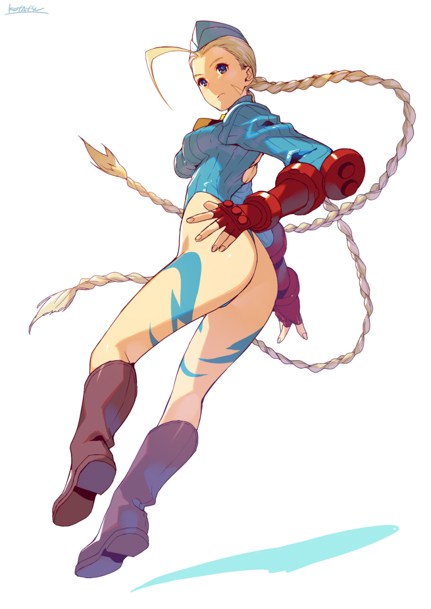 1girl ahoge ass blonde_hair blue_eyes blue_headwear blue_leotard boots brown_footwear cammy_white closed_mouth fingerless_gloves from_behind full_body gloves hat highres kotatsu_(g-rough) leotard long_hair long_sleeves looking_at_viewer red_gloves signature solo street_fighter street_fighter_zero_(series) twintails very_long_hair white_background